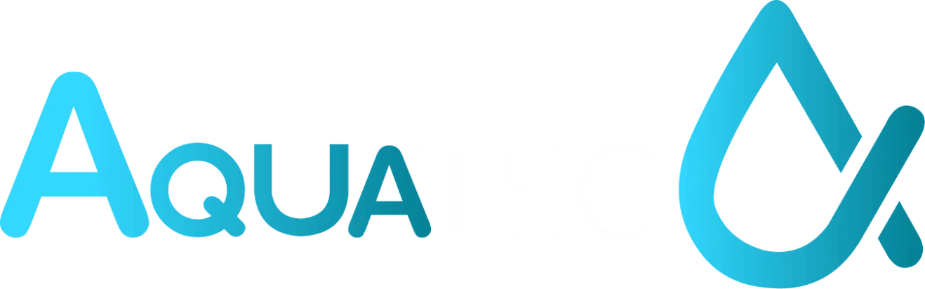 Titre et logo, représentant une goutte d'eau, de Aquatec.